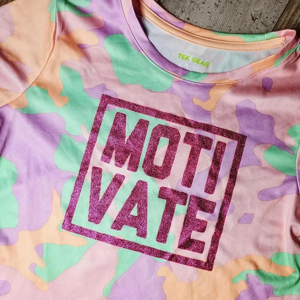 NWT TEK GEAR Girls Pastel Camo Bling Crewneck Performance Shirt Medium Size 8